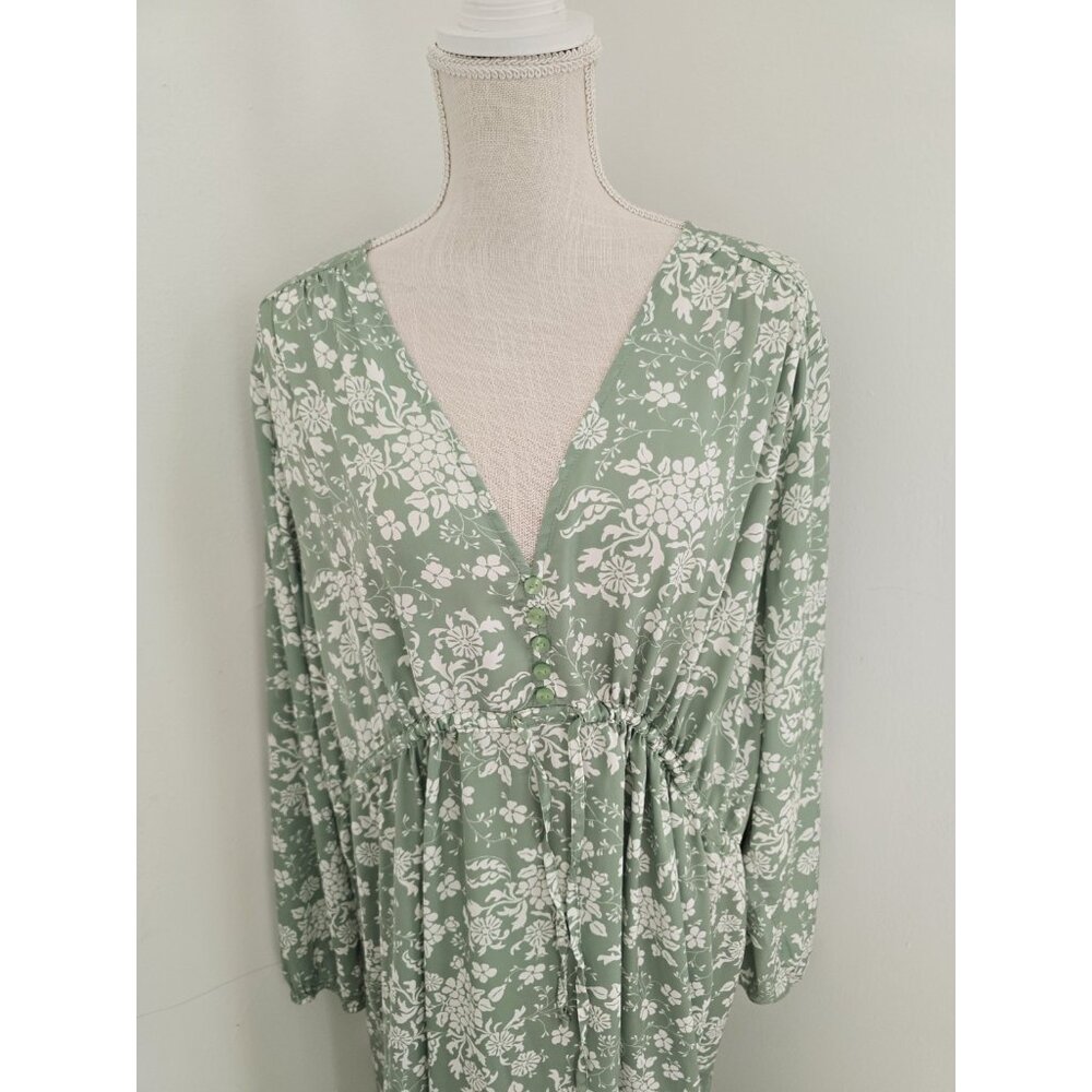 Summersalt Cinched Waist Caftan Dress XL Floral Green Ivy Long Midi V-Neck - Picture 3 of 12